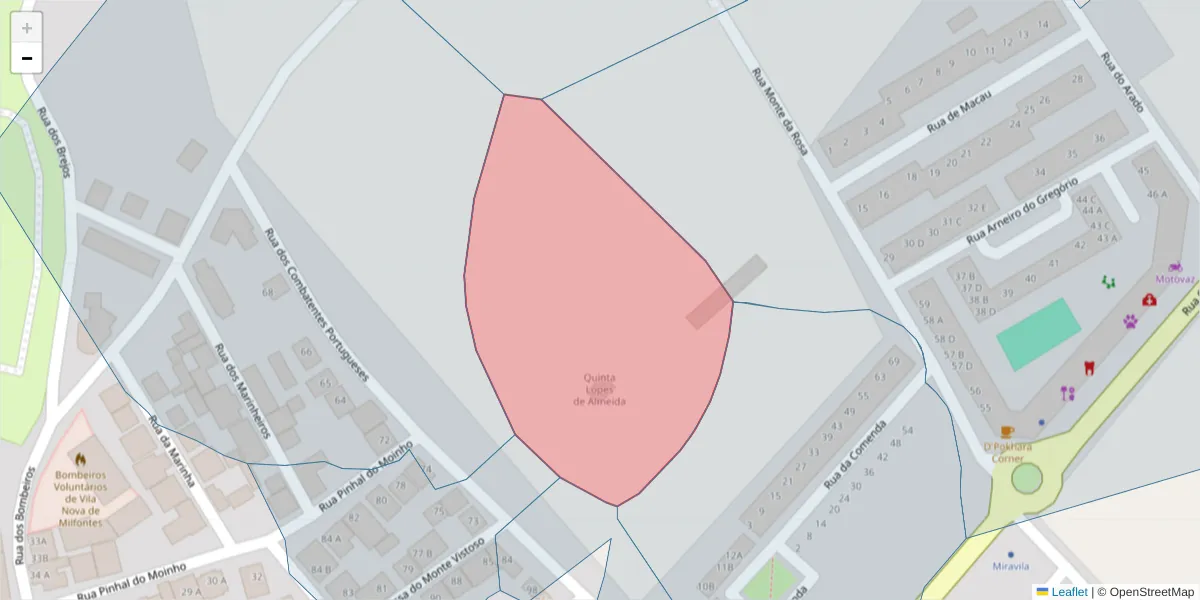 Mapa detalhado do código postal 7645-074 com limites, códigos postais vizinhos e agências dos correios