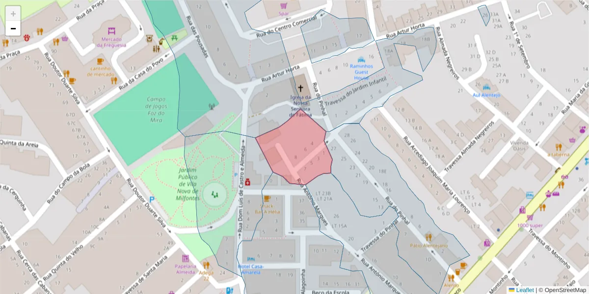 Mapa detalhado do código postal 7645-214 com limites, códigos postais vizinhos e agências dos correios