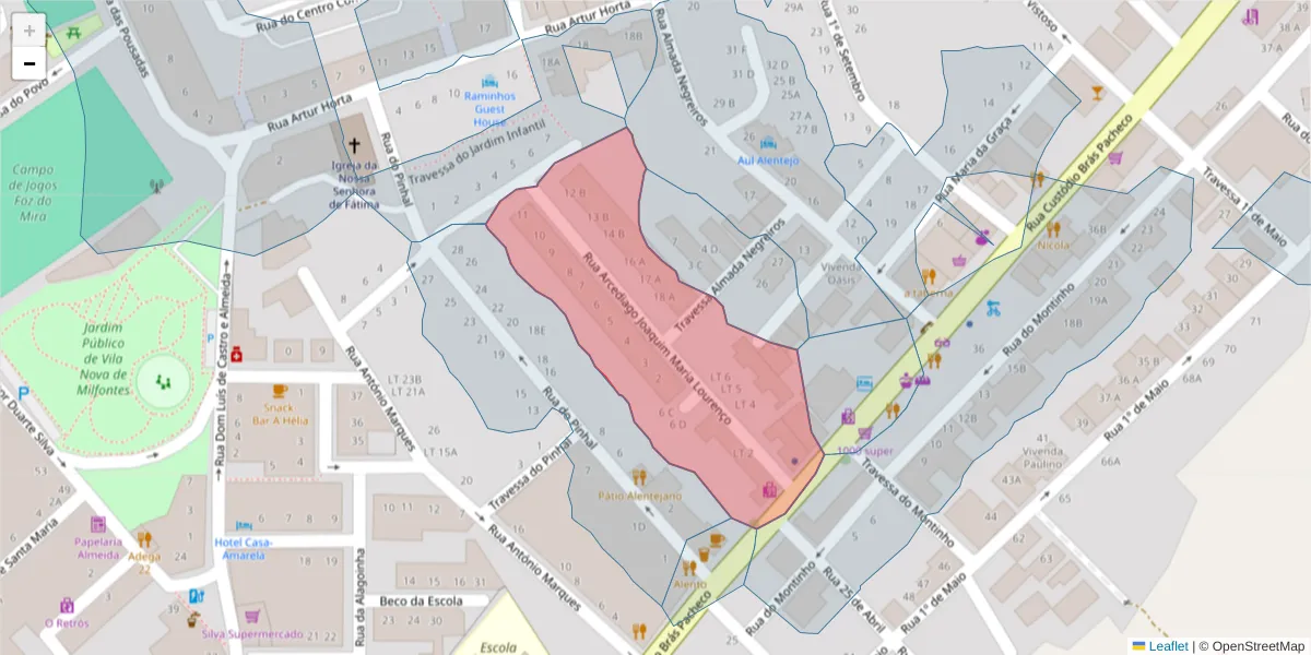 Mapa detalhado do código postal 7645-215 com limites, códigos postais vizinhos e agências dos correios