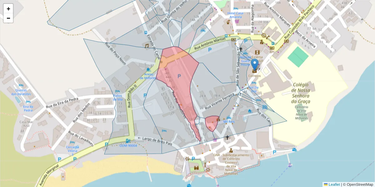 Mapa detalhado do código postal 7645-218 com limites, códigos postais vizinhos e agências dos correios