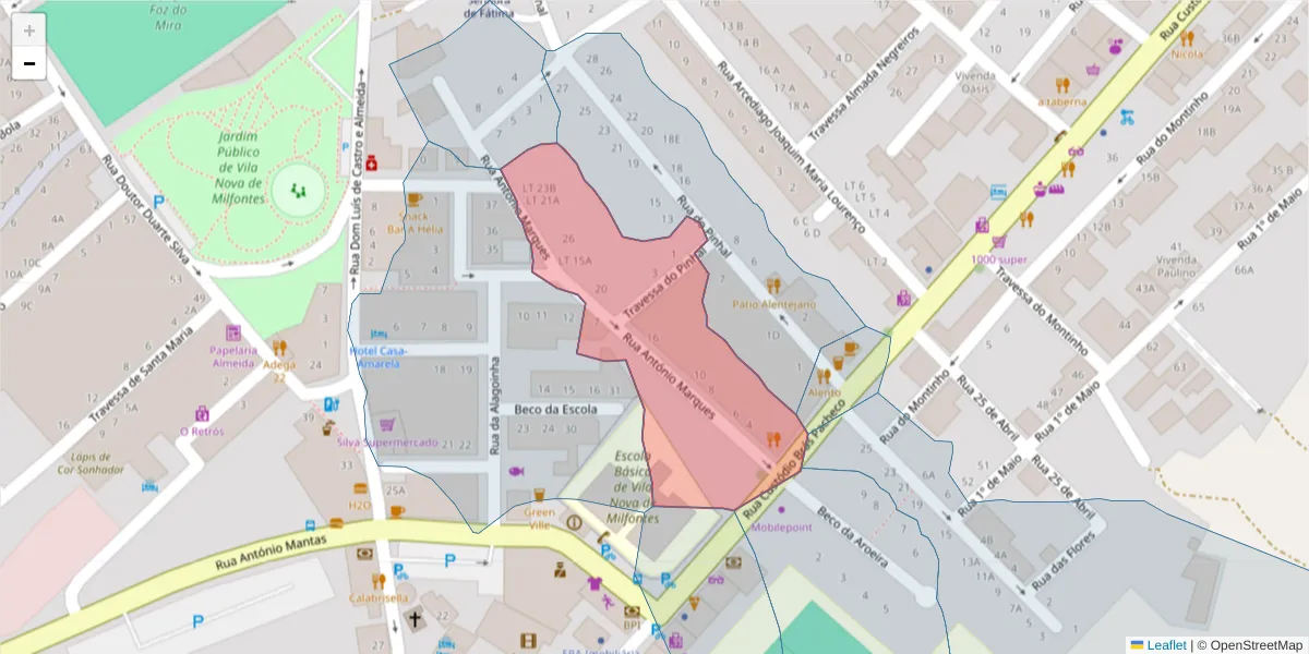 Mapa detalhado do código postal 7645-222 com limites, códigos postais vizinhos e agências dos correios