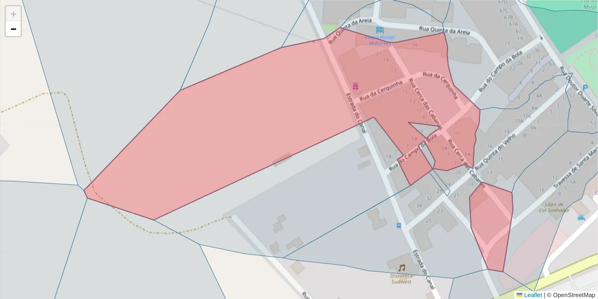 Mapa detalhado do código postal 7645-247 com limites, códigos postais vizinhos e agências dos correios