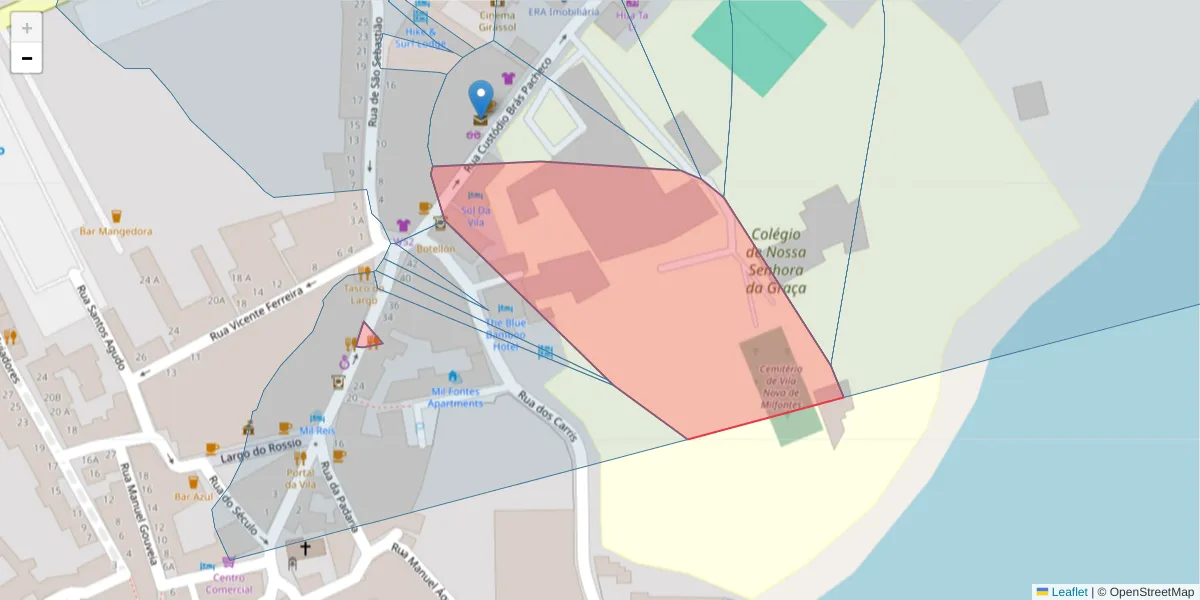 Mapa detalhado do código postal 7645-253 com limites, códigos postais vizinhos e agências dos correios