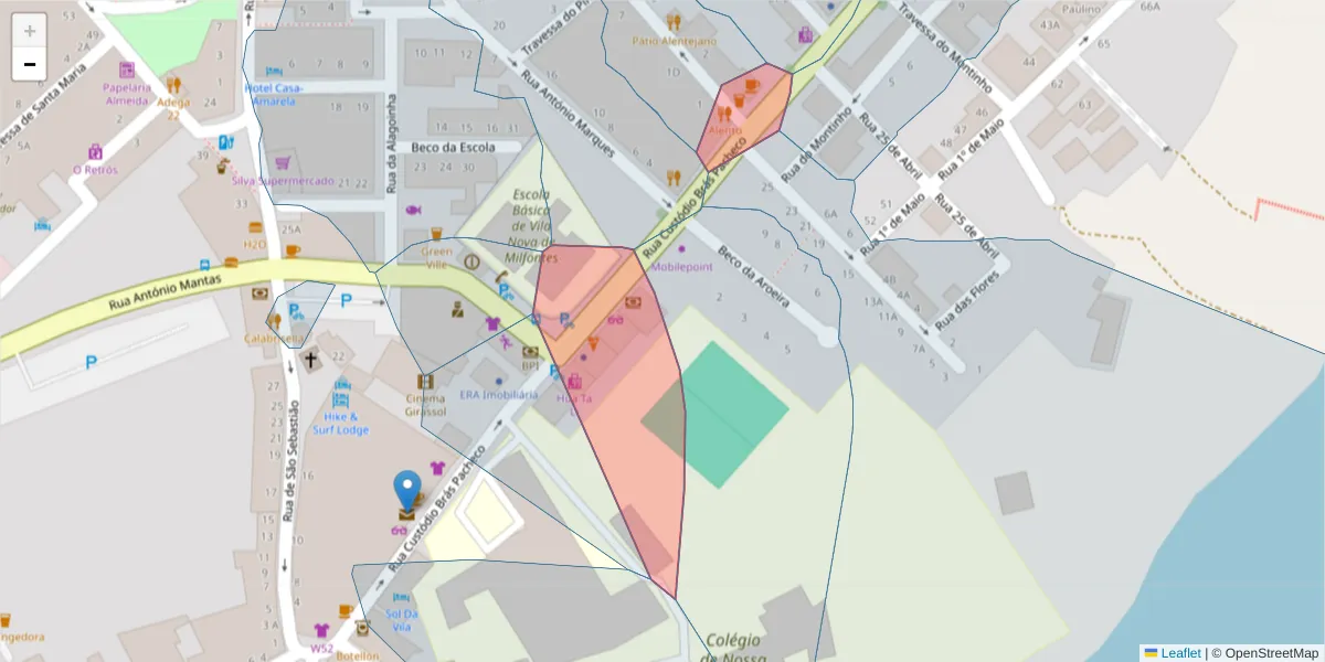 Mapa detalhado do código postal 7645-255 com limites, códigos postais vizinhos e agências dos correios