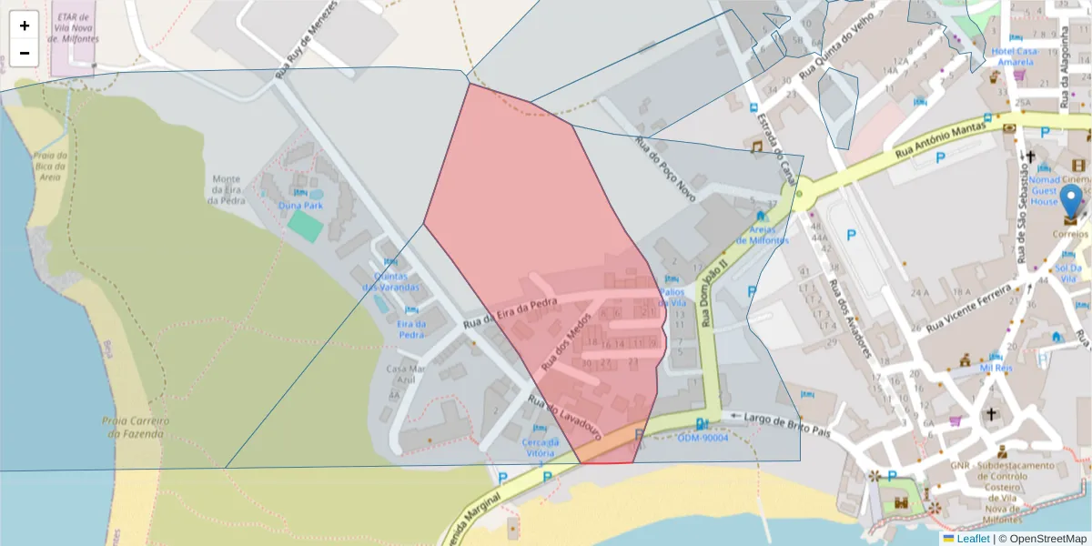 Mapa detalhado do código postal 7645-258 com limites, códigos postais vizinhos e agências dos correios