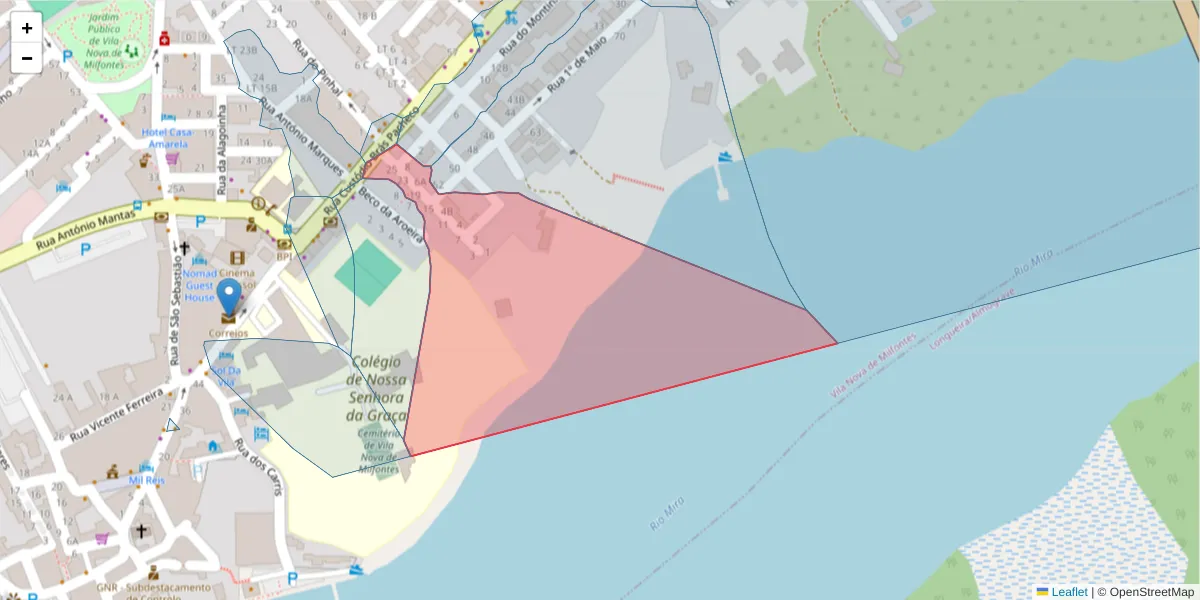 Mapa detalhado do código postal 7645-279 com limites, códigos postais vizinhos e agências dos correios