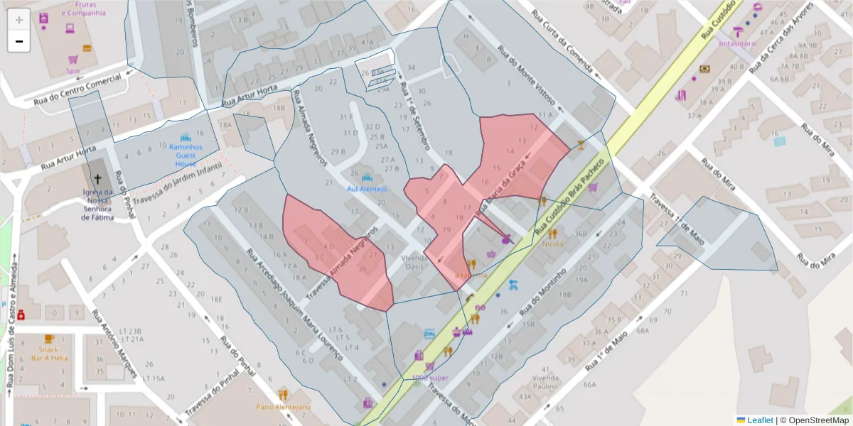 Mapa detalhado do código postal 7645-280 com limites, códigos postais vizinhos e agências dos correios