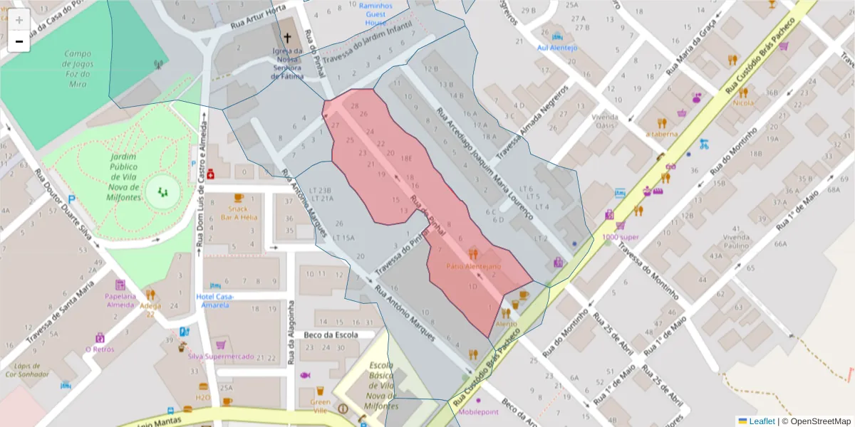 Mapa detalhado do código postal 7645-293 com limites, códigos postais vizinhos e agências dos correios