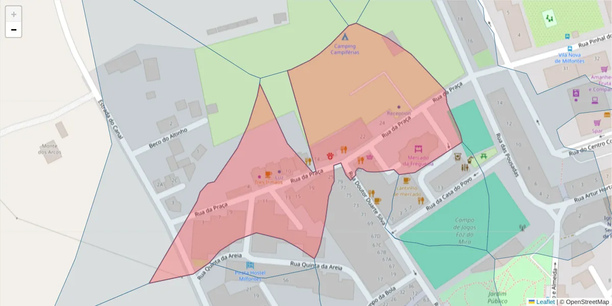 Mapa detalhado do código postal 7645-303 com limites, códigos postais vizinhos e agências dos correios