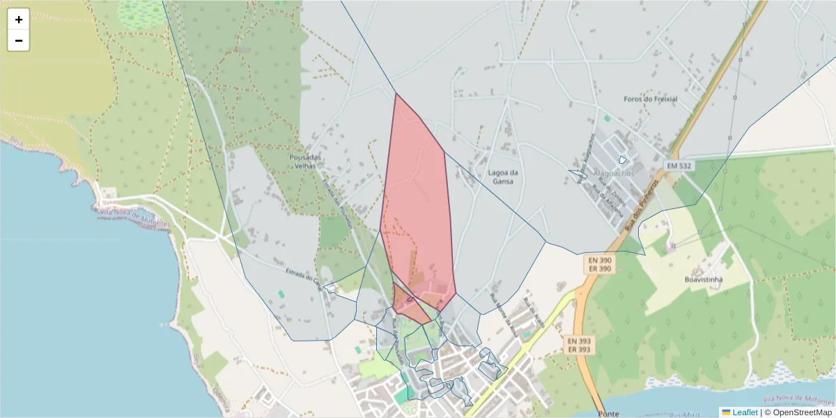 Mapa detalhado do código postal 7645-309 com limites, códigos postais vizinhos e agências dos correios