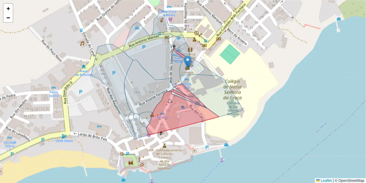 Mapa detalhado do código postal 7645-315 com limites, códigos postais vizinhos e agências dos correios