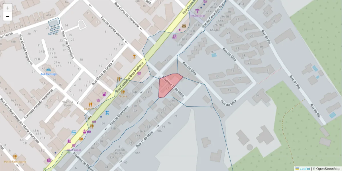 Mapa detalhado do código postal 7645-320 com limites, códigos postais vizinhos e agências dos correios