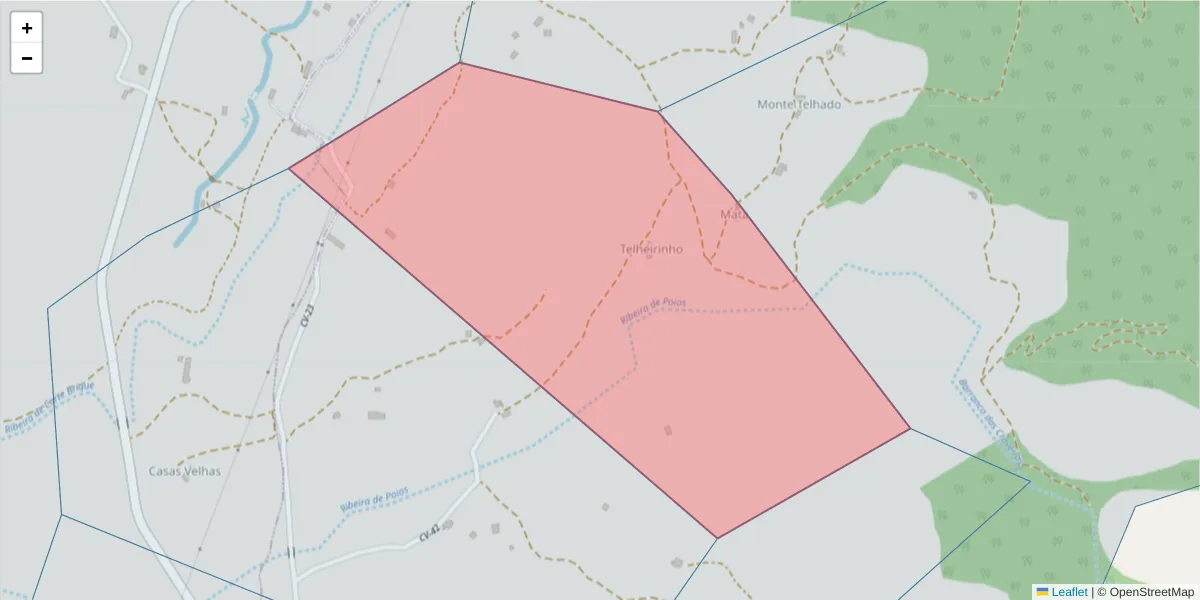 Mapa detalhado do código postal 7665-876 com limites, códigos postais vizinhos e agências dos correios