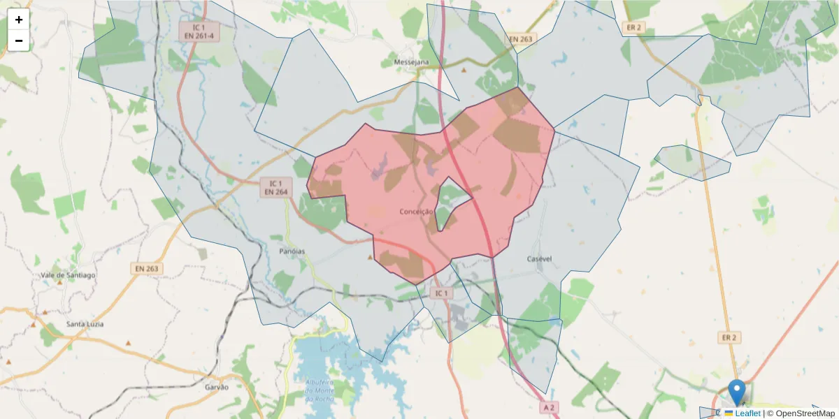 Mapa detalhado do código postal 7670-021 com limites, códigos postais vizinhos e agências dos correios