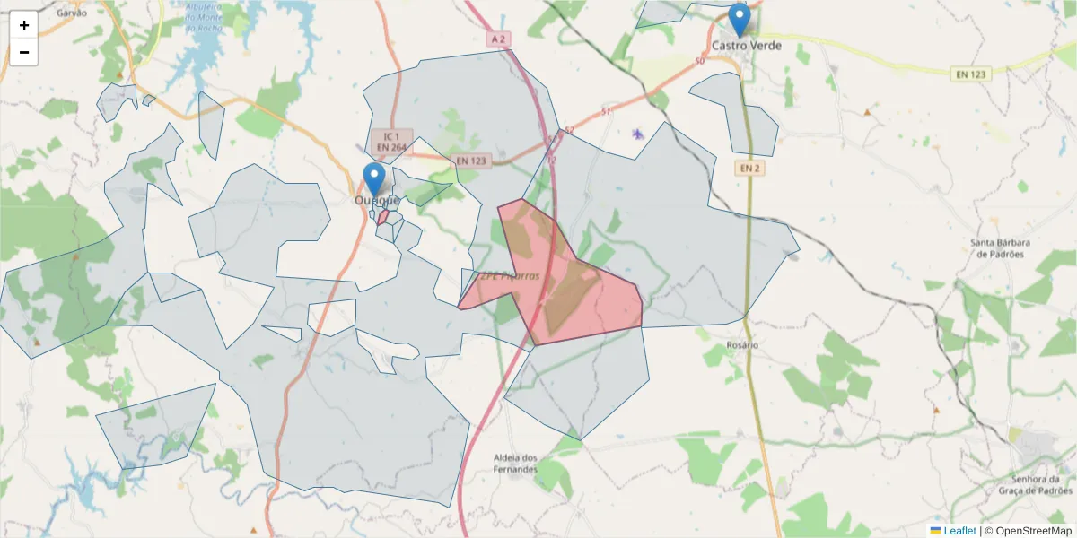 Mapa detalhado do código postal 7670-205 com limites, códigos postais vizinhos e agências dos correios