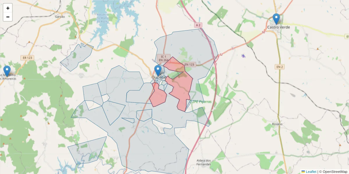 Mapa detalhado do código postal 7670-207 com limites, códigos postais vizinhos e agências dos correios