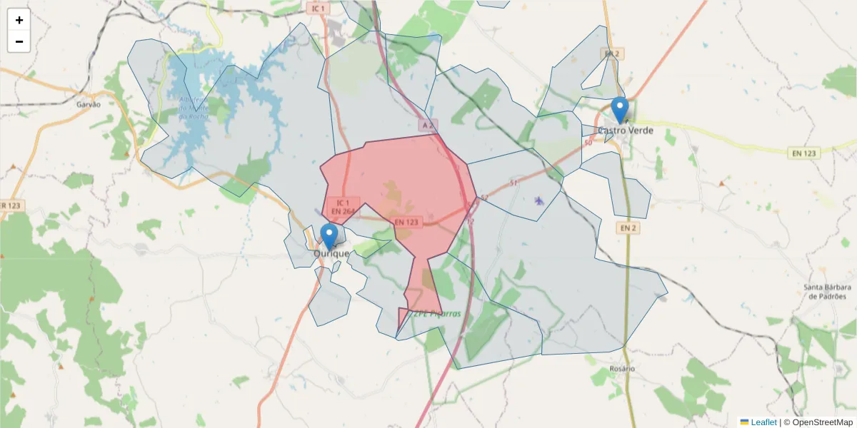 Mapa detalhado do código postal 7670-208 com limites, códigos postais vizinhos e agências dos correios