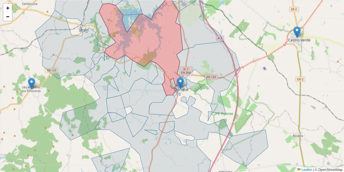 Mapa detalhado do código postal 7670-210 com limites, códigos postais vizinhos e agências dos correios