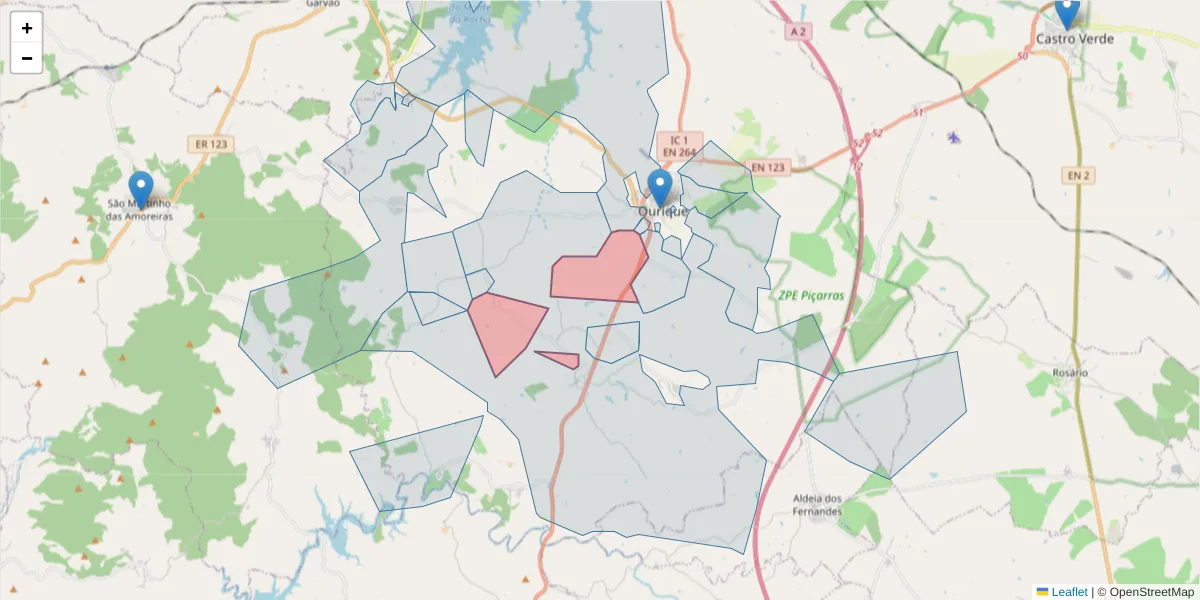 Mapa detalhado do código postal 7670-213 com limites, códigos postais vizinhos e agências dos correios