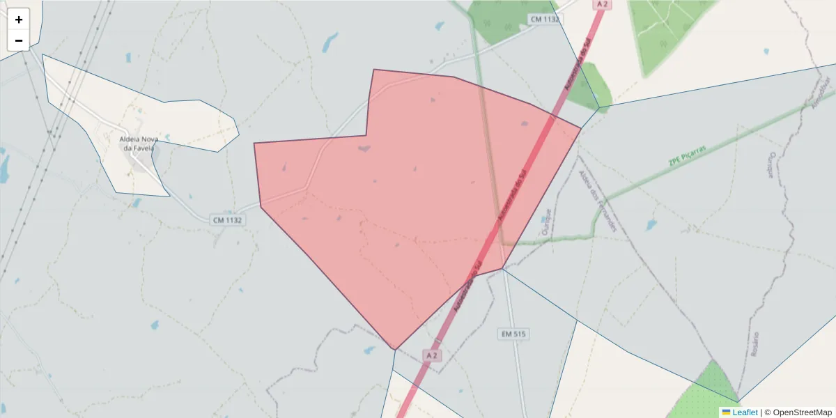 Mapa detalhado do código postal 7670-214 com limites, códigos postais vizinhos e agências dos correios