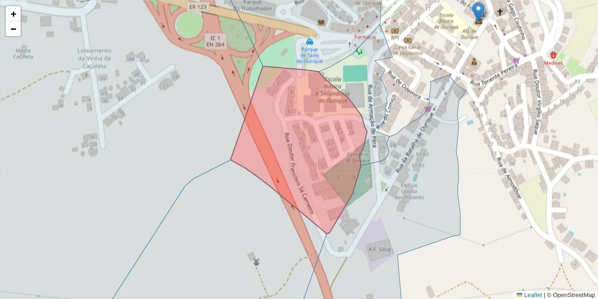 Mapa detalhado do código postal 7670-292 com limites, códigos postais vizinhos e agências dos correios