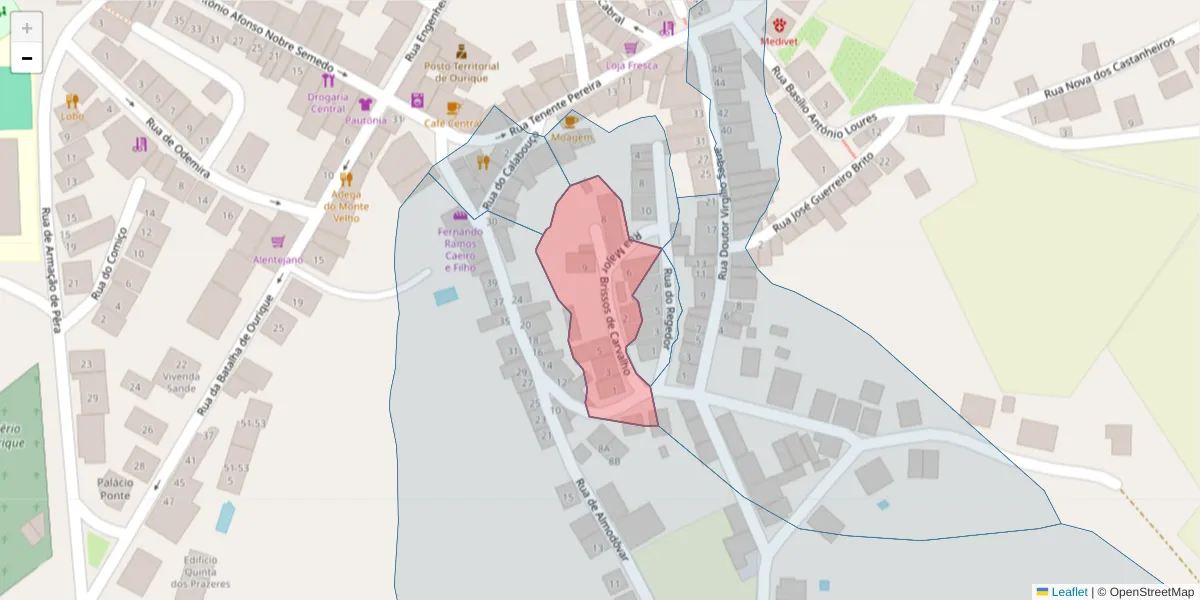 Mapa detalhado do código postal 7670-295 com limites, códigos postais vizinhos e agências dos correios