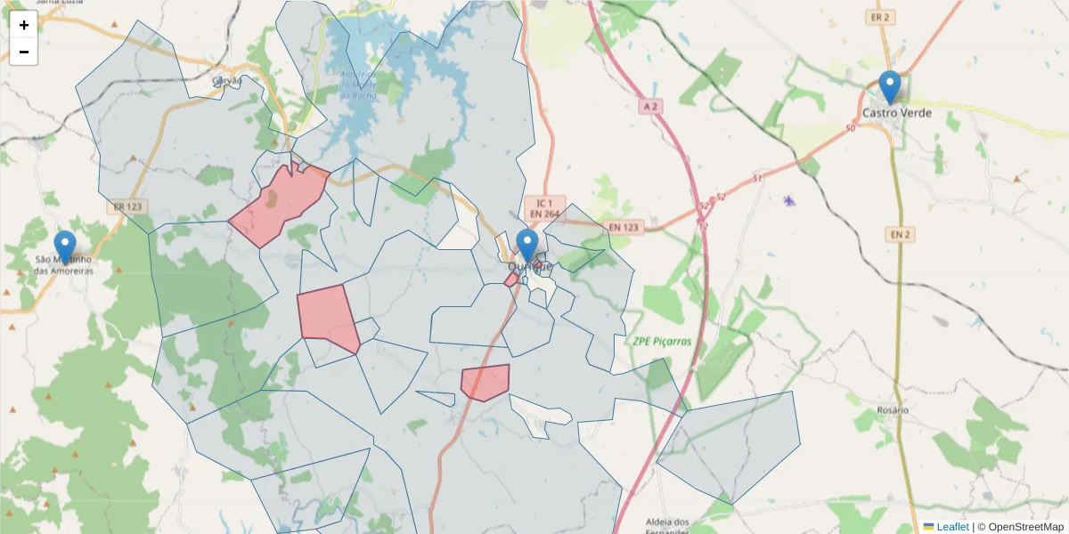 Mapa detalhado do código postal 7670-297 com limites, códigos postais vizinhos e agências dos correios