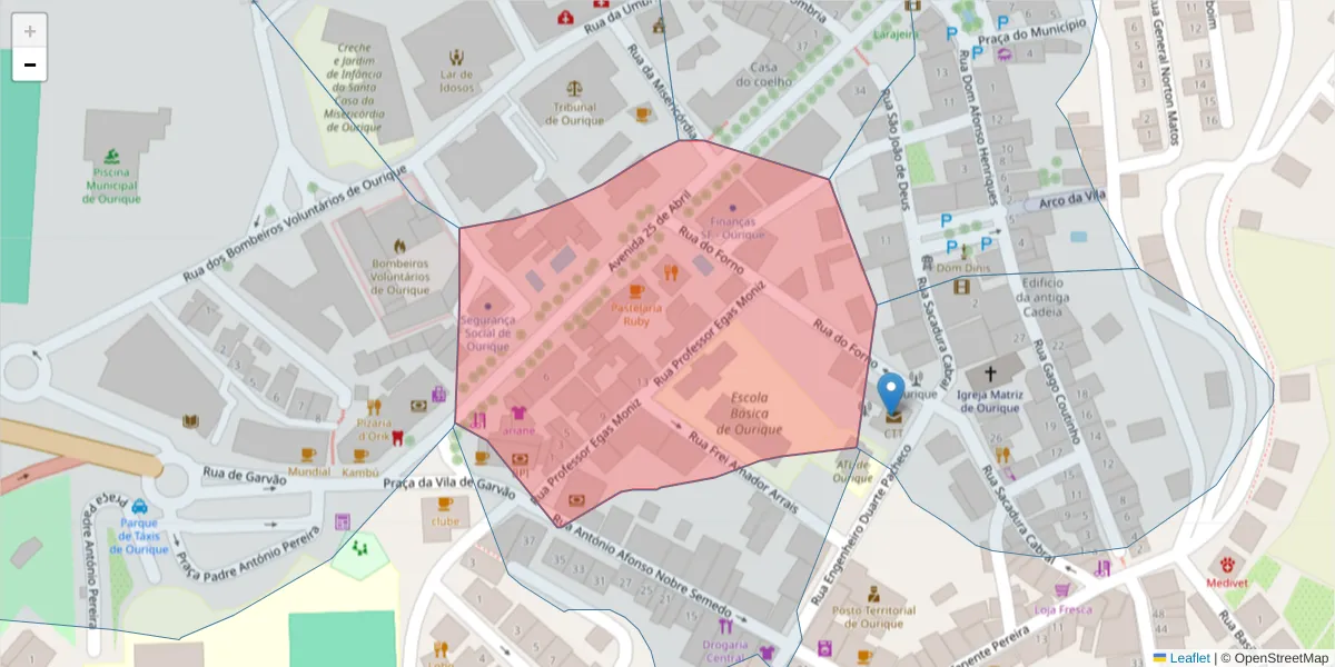 Mapa detalhado do código postal 7670-298 com limites, códigos postais vizinhos e agências dos correios