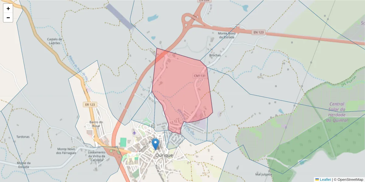 Mapa detalhado do código postal 7670-299 com limites, códigos postais vizinhos e agências dos correios