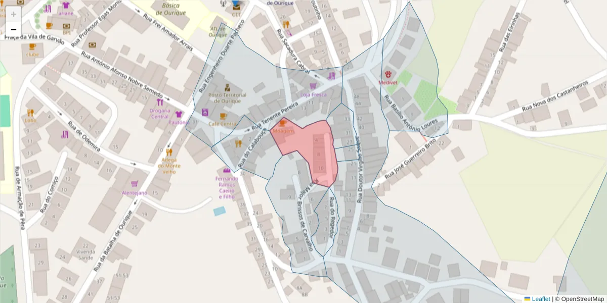 Mapa detalhado do código postal 7670-304 com limites, códigos postais vizinhos e agências dos correios