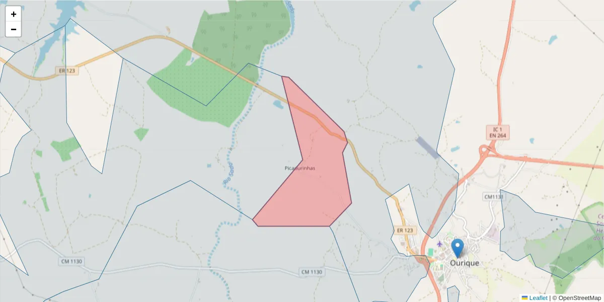 Mapa detalhado do código postal 7670-350 com limites, códigos postais vizinhos e agências dos correios