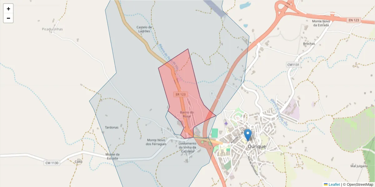 Mapa detalhado do código postal 7670-368 com limites, códigos postais vizinhos e agências dos correios