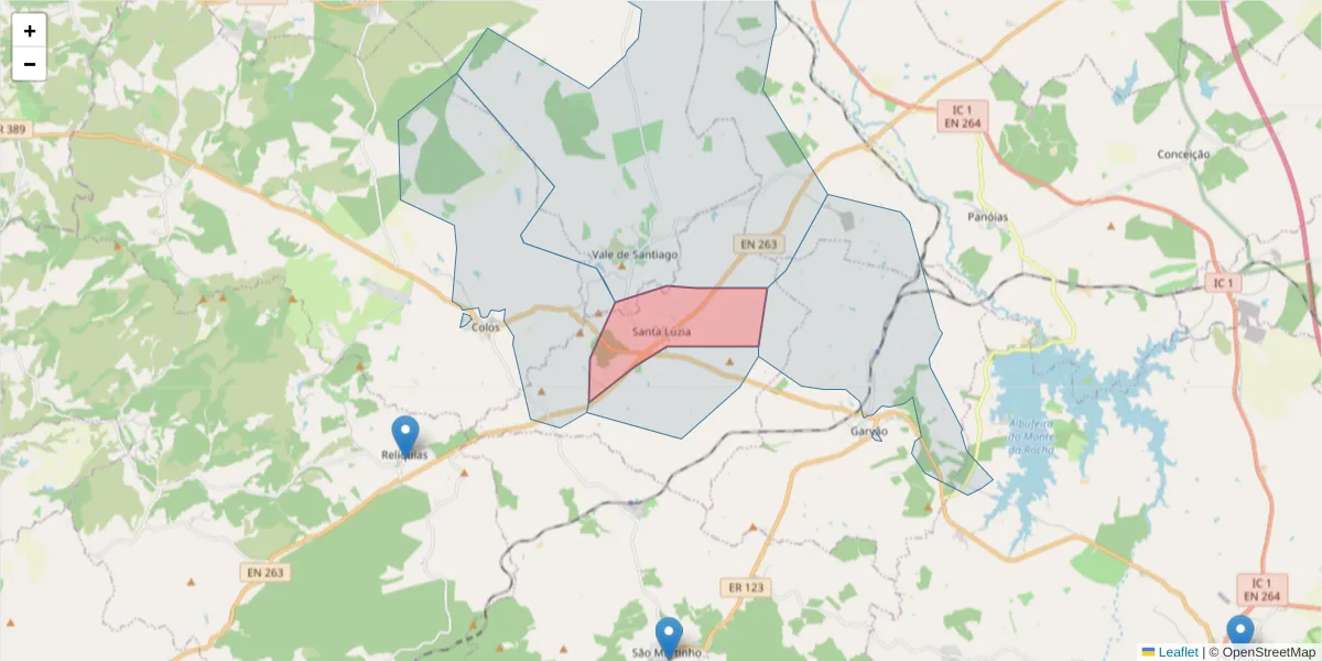 Mapa detalhado do código postal 7670-503 com limites, códigos postais vizinhos e agências dos correios