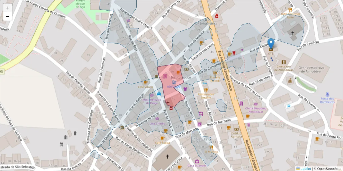 Mapa detalhado do código postal 7700-023 com limites, códigos postais vizinhos e agências dos correios