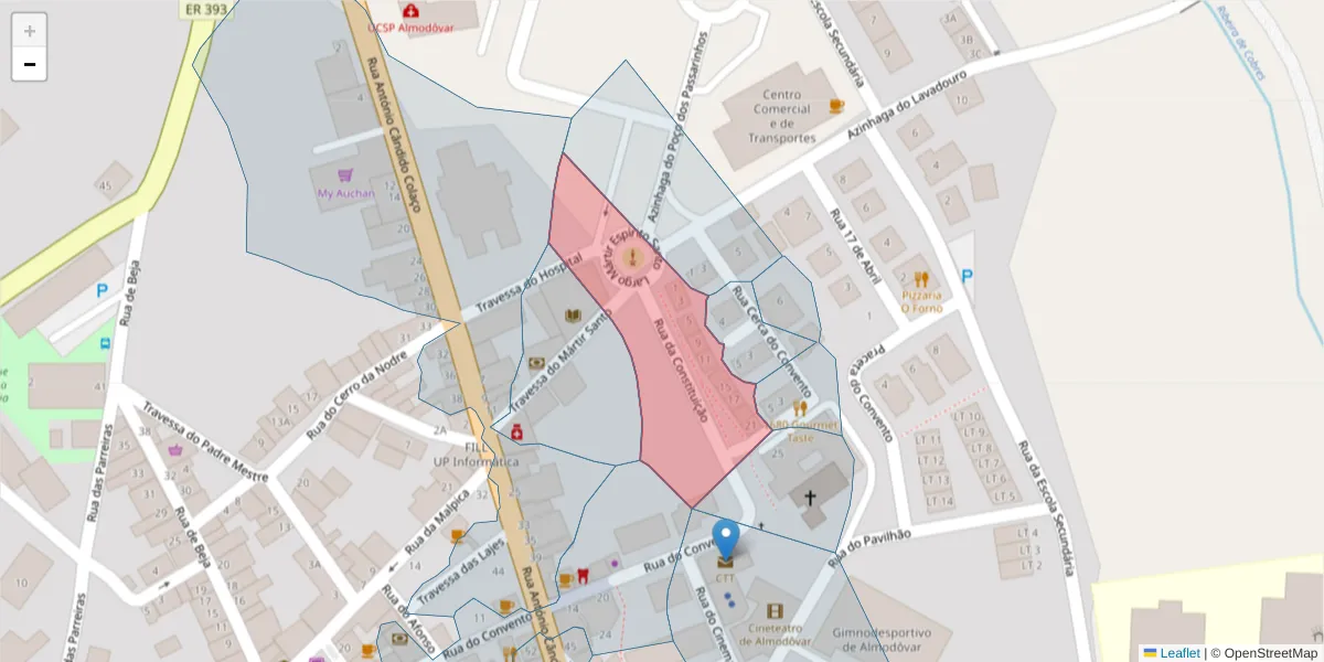 Mapa detalhado do código postal 7700-030 com limites, códigos postais vizinhos e agências dos correios