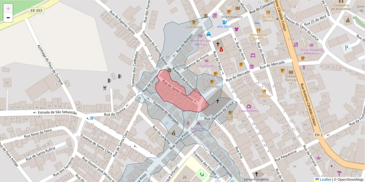 Mapa detalhado do código postal 7700-048 com limites, códigos postais vizinhos e agências dos correios