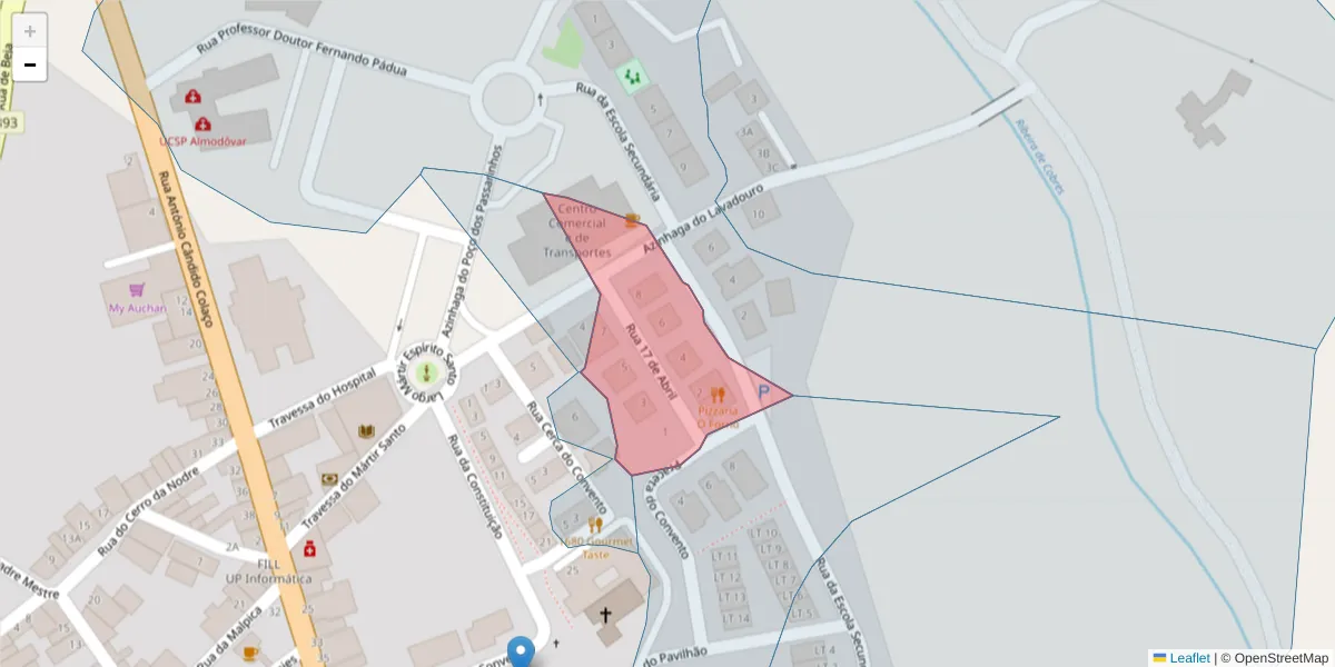 Mapa detalhado do código postal 7700-050 com limites, códigos postais vizinhos e agências dos correios