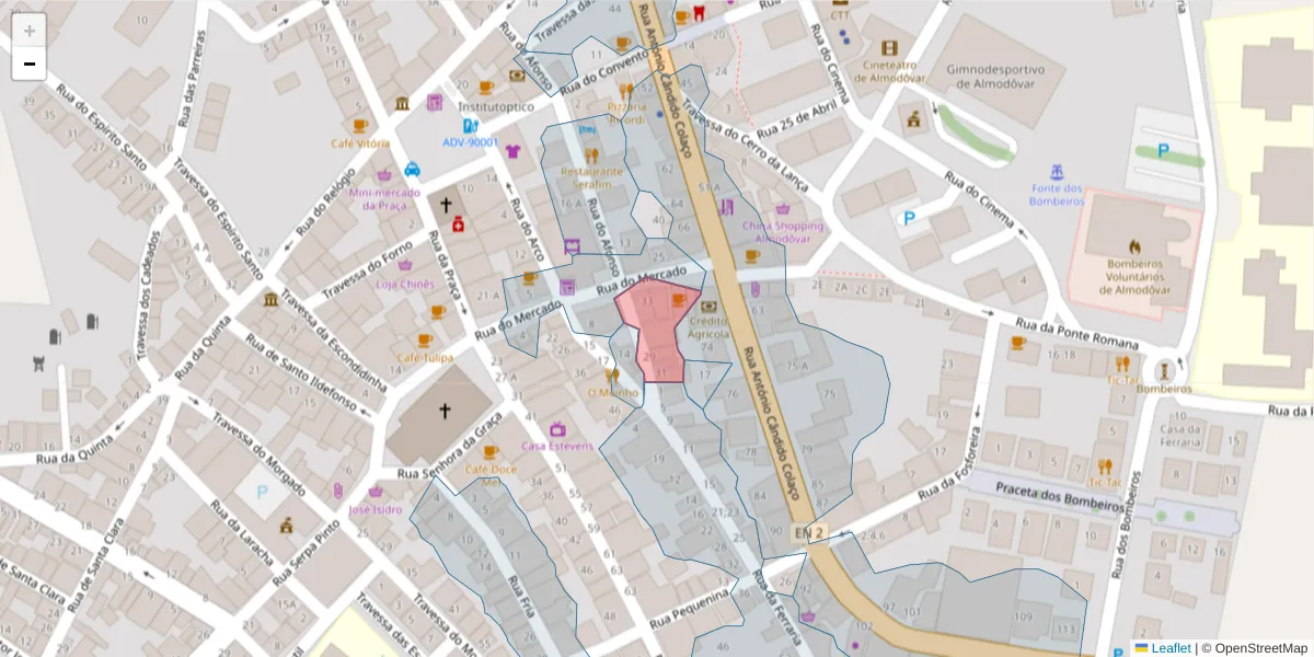 Mapa detalhado do código postal 7700-052 com limites, códigos postais vizinhos e agências dos correios