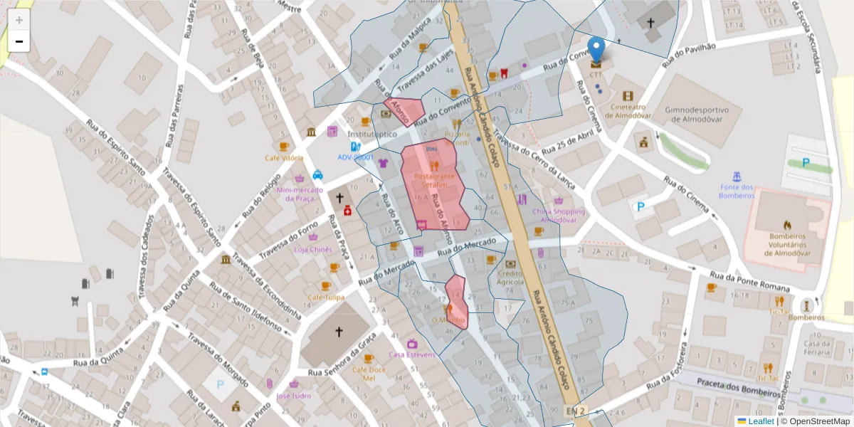 Mapa detalhado do código postal 7700-053 com limites, códigos postais vizinhos e agências dos correios