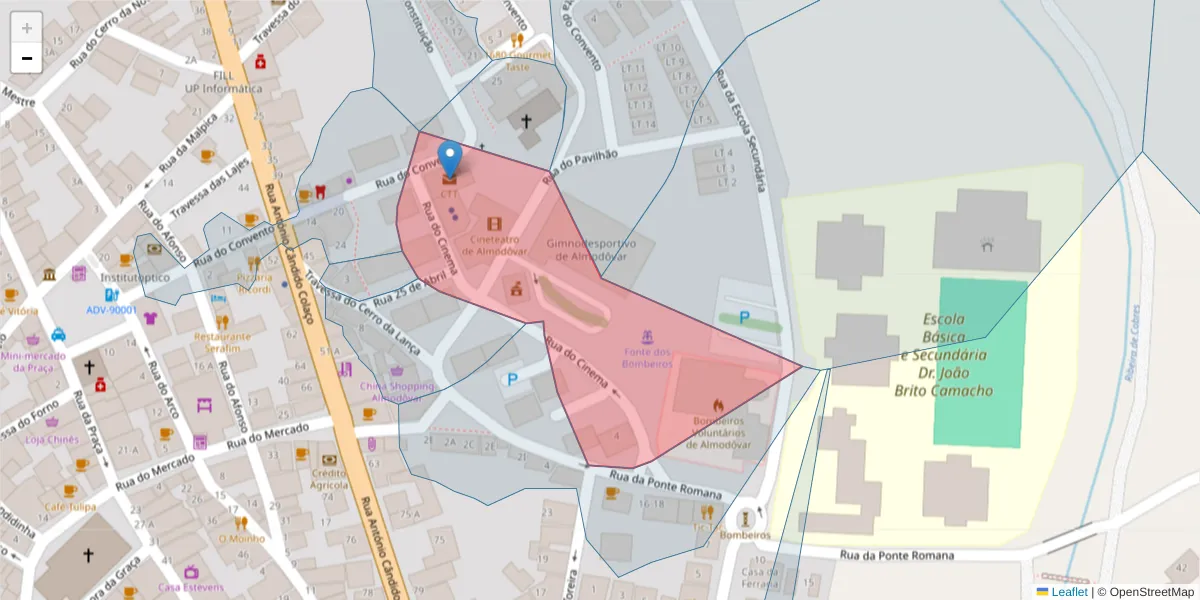 Mapa detalhado do código postal 7700-057 com limites, códigos postais vizinhos e agências dos correios