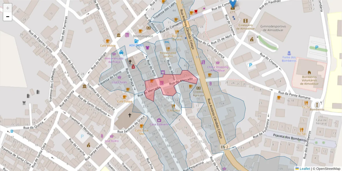 Mapa detalhado do código postal 7700-062 com limites, códigos postais vizinhos e agências dos correios