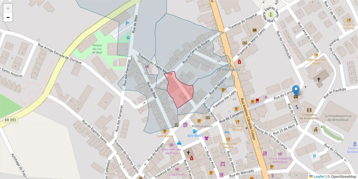 Mapa detalhado do código postal 7700-076 com limites, códigos postais vizinhos e agências dos correios