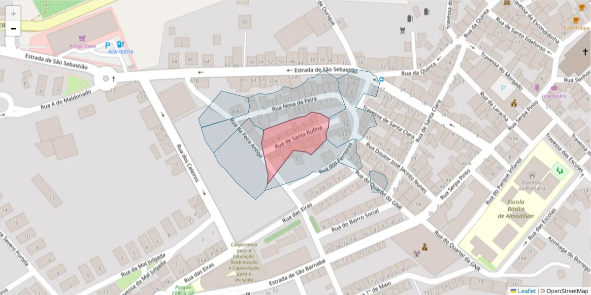 Mapa detalhado do código postal 7700-079 com limites, códigos postais vizinhos e agências dos correios