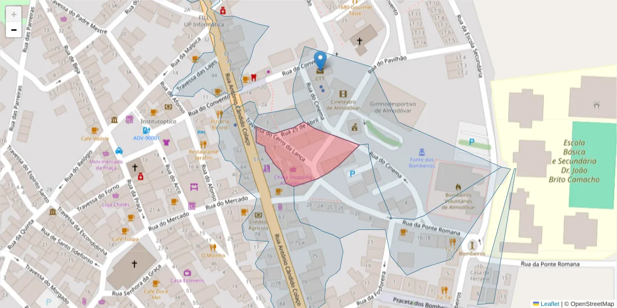 Mapa detalhado do código postal 7700-082 com limites, códigos postais vizinhos e agências dos correios
