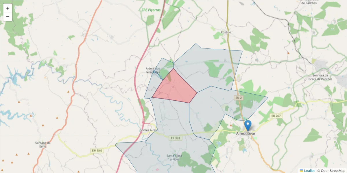 Mapa detalhado do código postal 7700-204 com limites, códigos postais vizinhos e agências dos correios