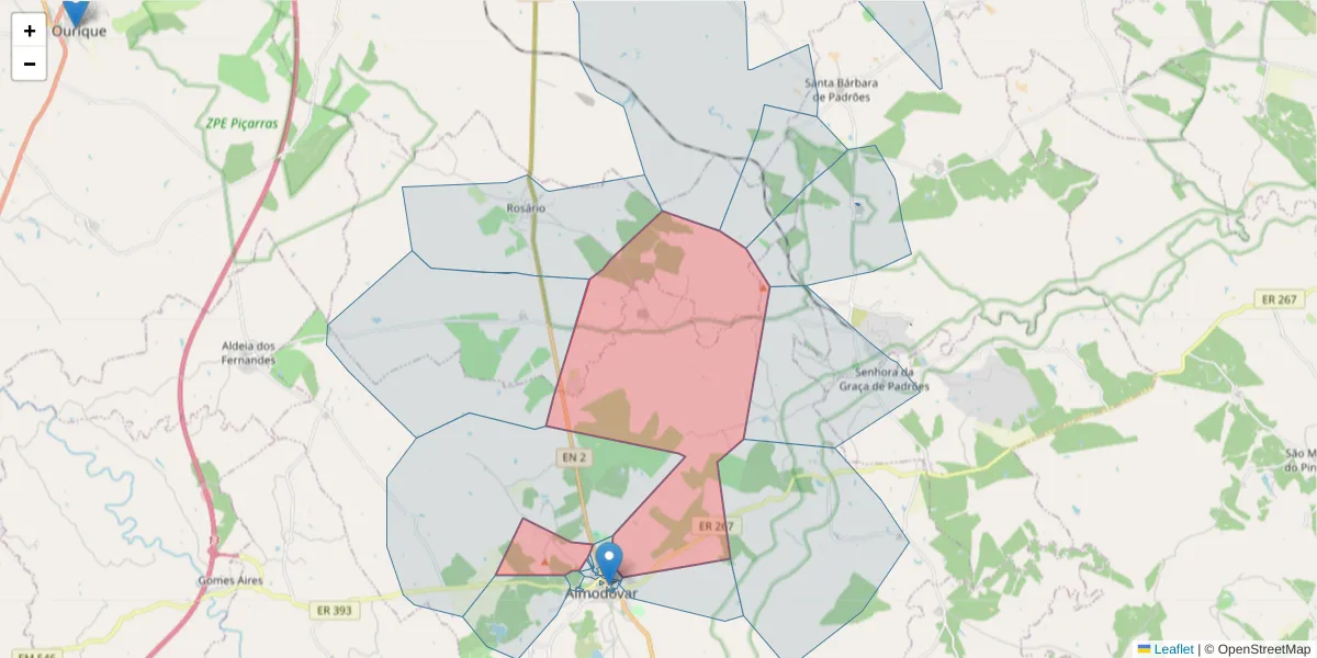 Mapa detalhado do código postal 7700-205 com limites, códigos postais vizinhos e agências dos correios