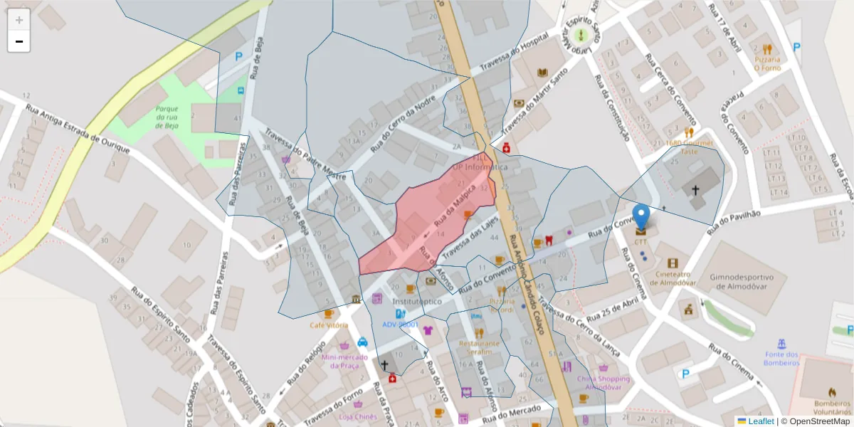 Mapa detalhado do código postal 7700-206 com limites, códigos postais vizinhos e agências dos correios