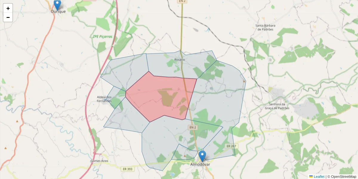 Mapa detalhado do código postal 7700-232 com limites, códigos postais vizinhos e agências dos correios