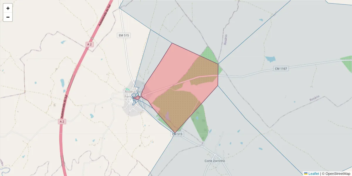 Mapa detalhado do código postal 7700-301 com limites, códigos postais vizinhos e agências dos correios