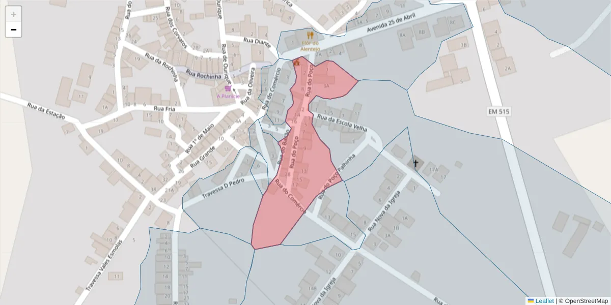 Mapa detalhado do código postal 7700-308 com limites, códigos postais vizinhos e agências dos correios
